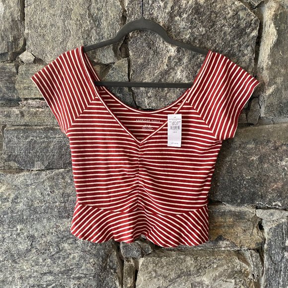 American Eagle Outfitters Red White Stripe Crop Top  Sz Med NWT - Picture 1 of 2